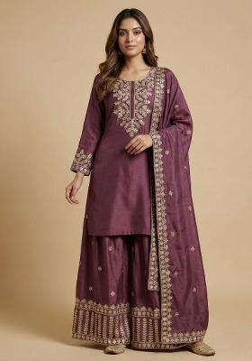Mauve Embroidered Chinon Kurta Set