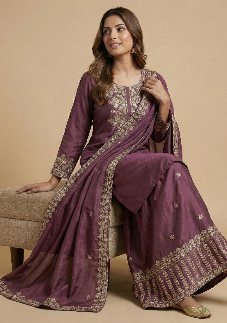 Mauve Embroidered Chinon Kurta Set - Indya