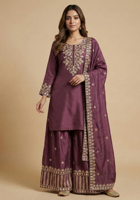 Mauve Embroidered Chinon Kurta Set