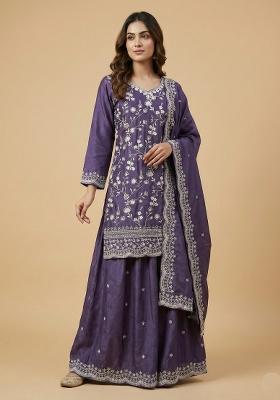 Purple Embroidered Chinon Kurta Set