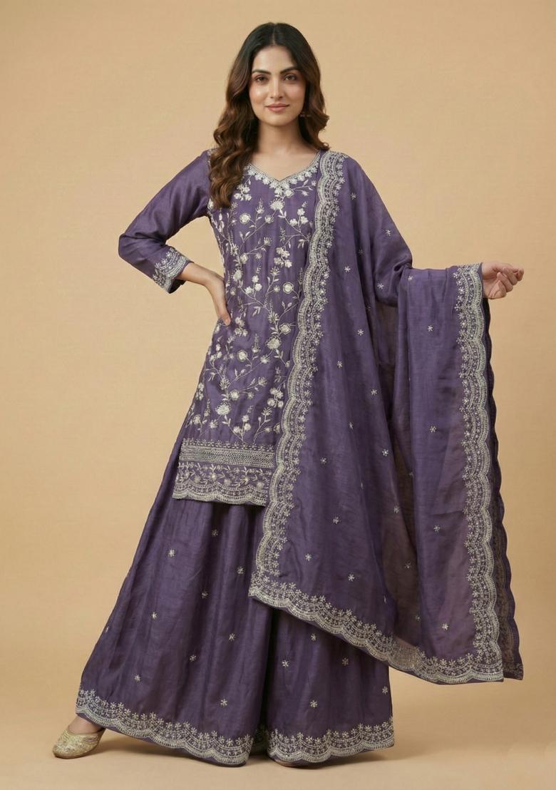 Purple Embroidered Chinon Kurta Set - Indya