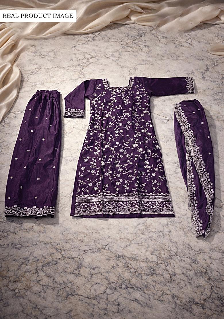 Purple Embroidered Chinon Kurta Set - Indya