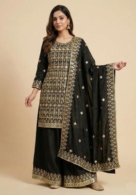 Black Embroidered Chinon Kurta Set