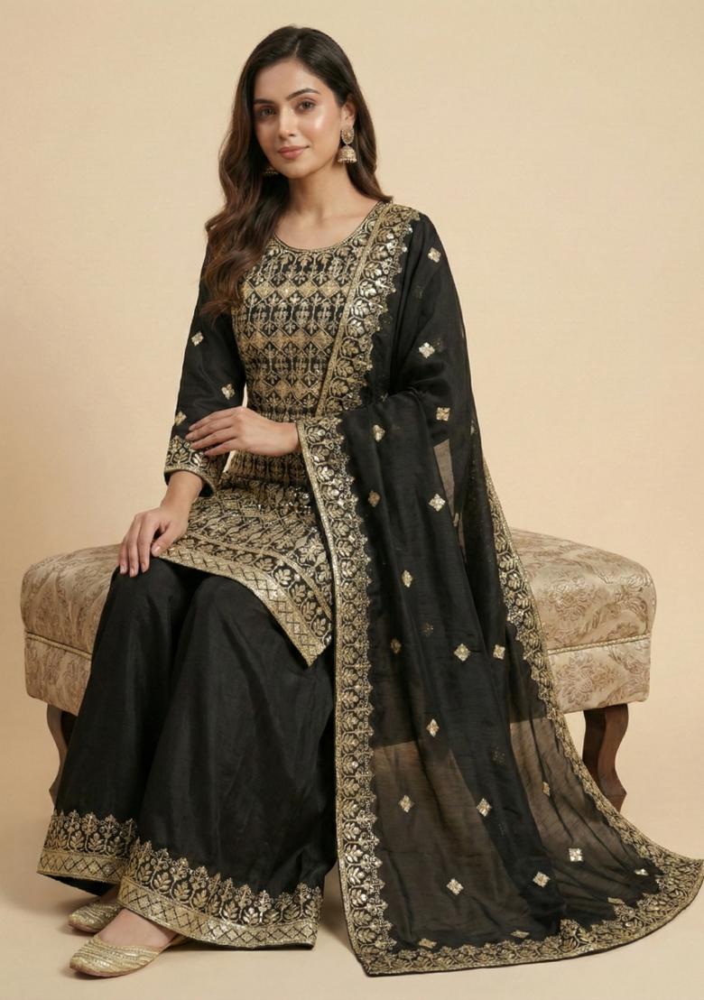 Black Embroidered Chinon Kurta Set - Indya