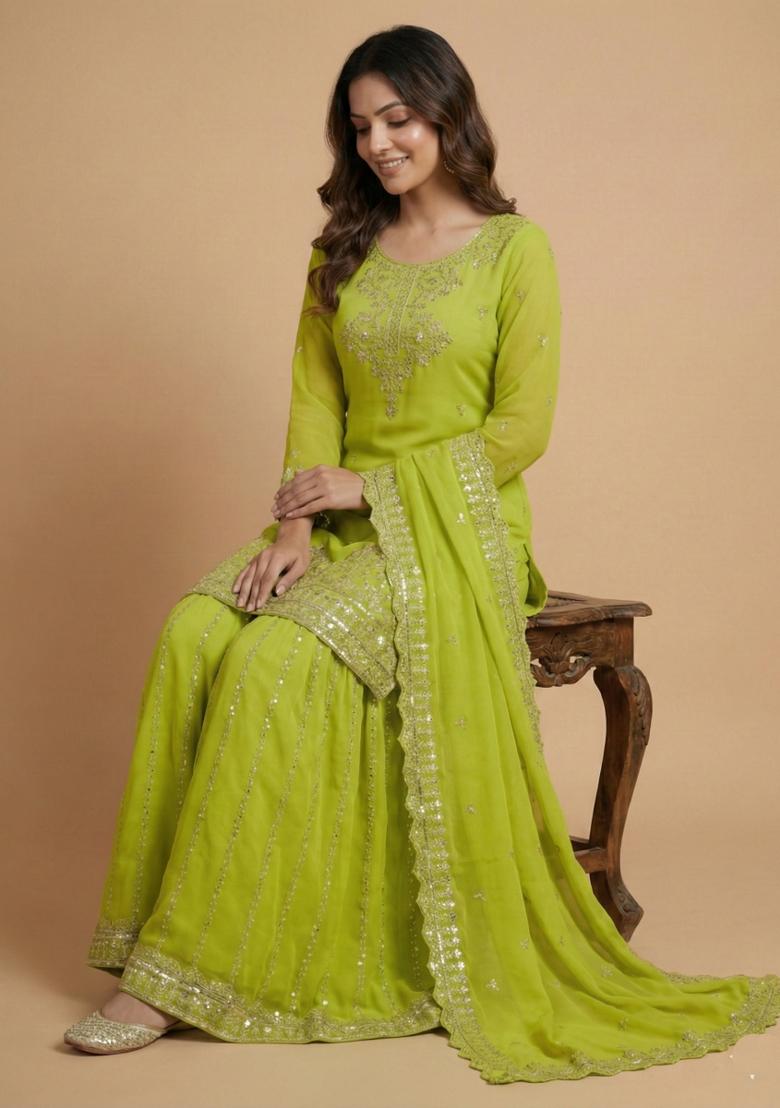 Parrot Green Embroidered Georgette Kurta Set - Indya