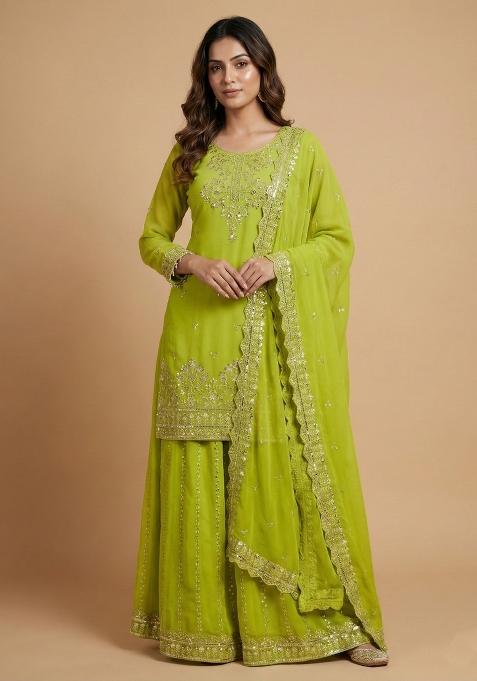 Parrot Green Embroidered Georgette Kurta Set