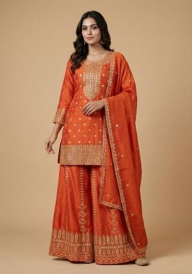 Orange Embroidered Chinon Kurta Set