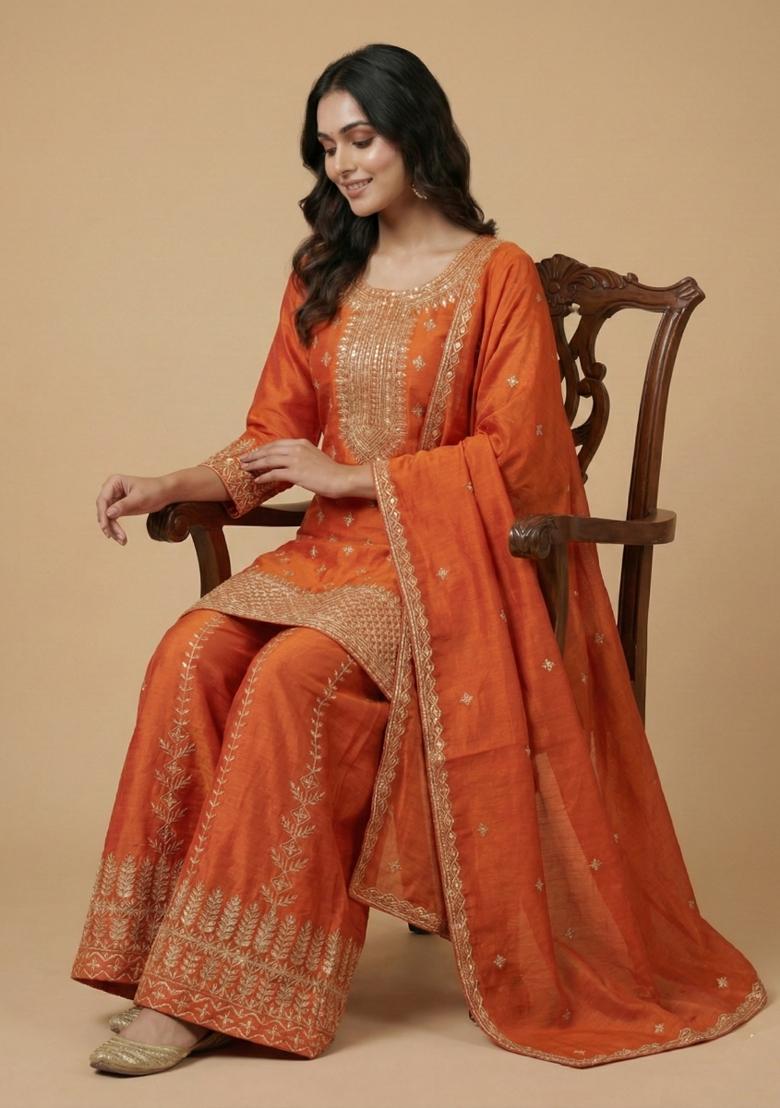 Orange Embroidered Chinon Kurta Set - Indya