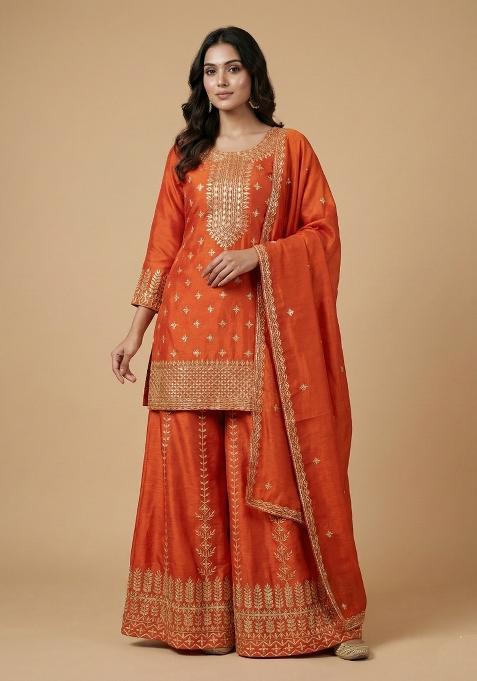 Orange Embroidered Chinon Kurta Set