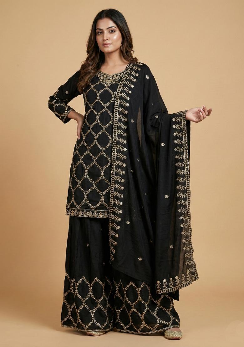 Black Embroidered Chinon Kurta Set - Indya