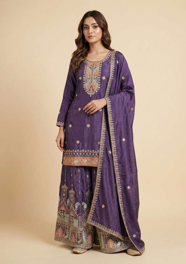 Purple Embroidered Chinon Sharara Set - Indya