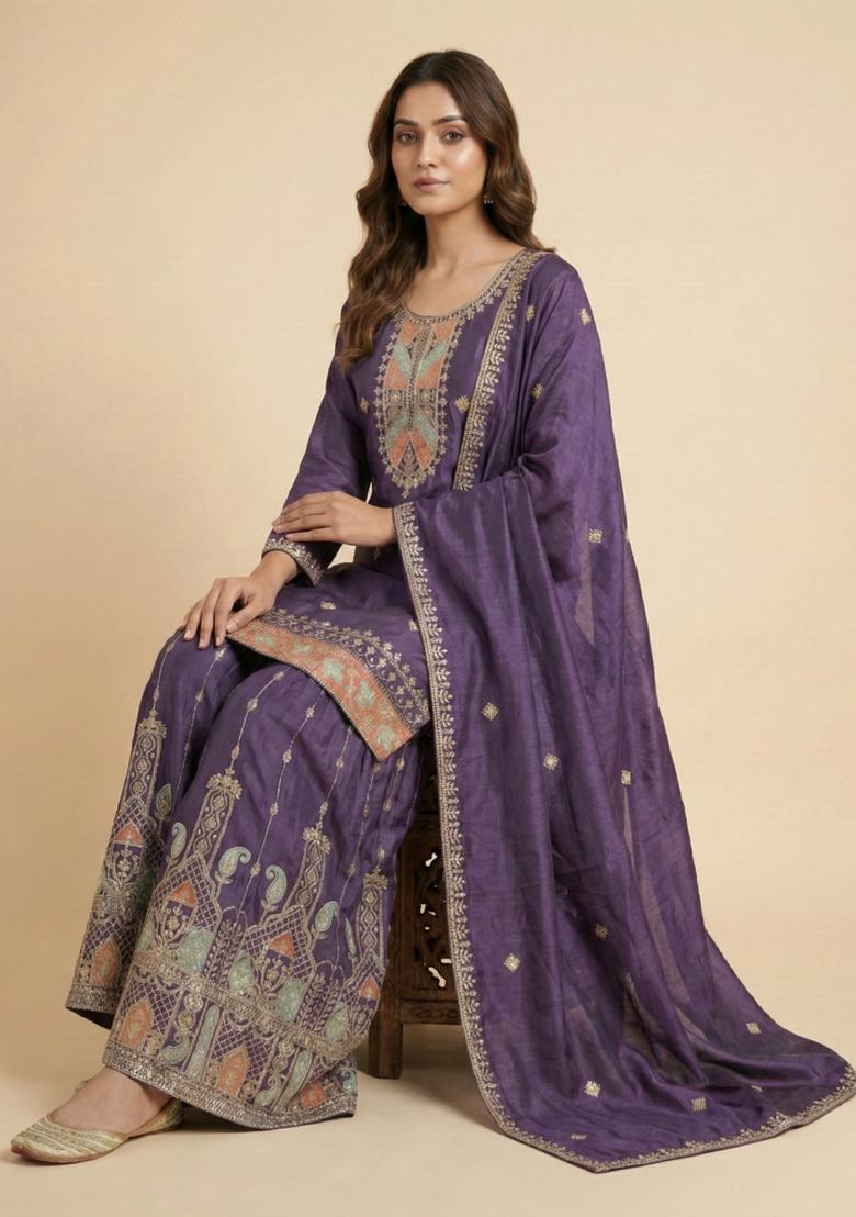Purple Embroidered Chinon Kurta Set - Indya