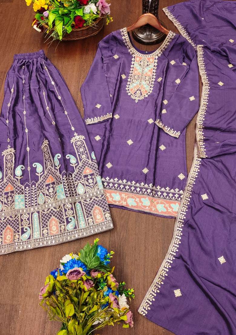 Purple Embroidered Chinon Sharara Set - Indya
