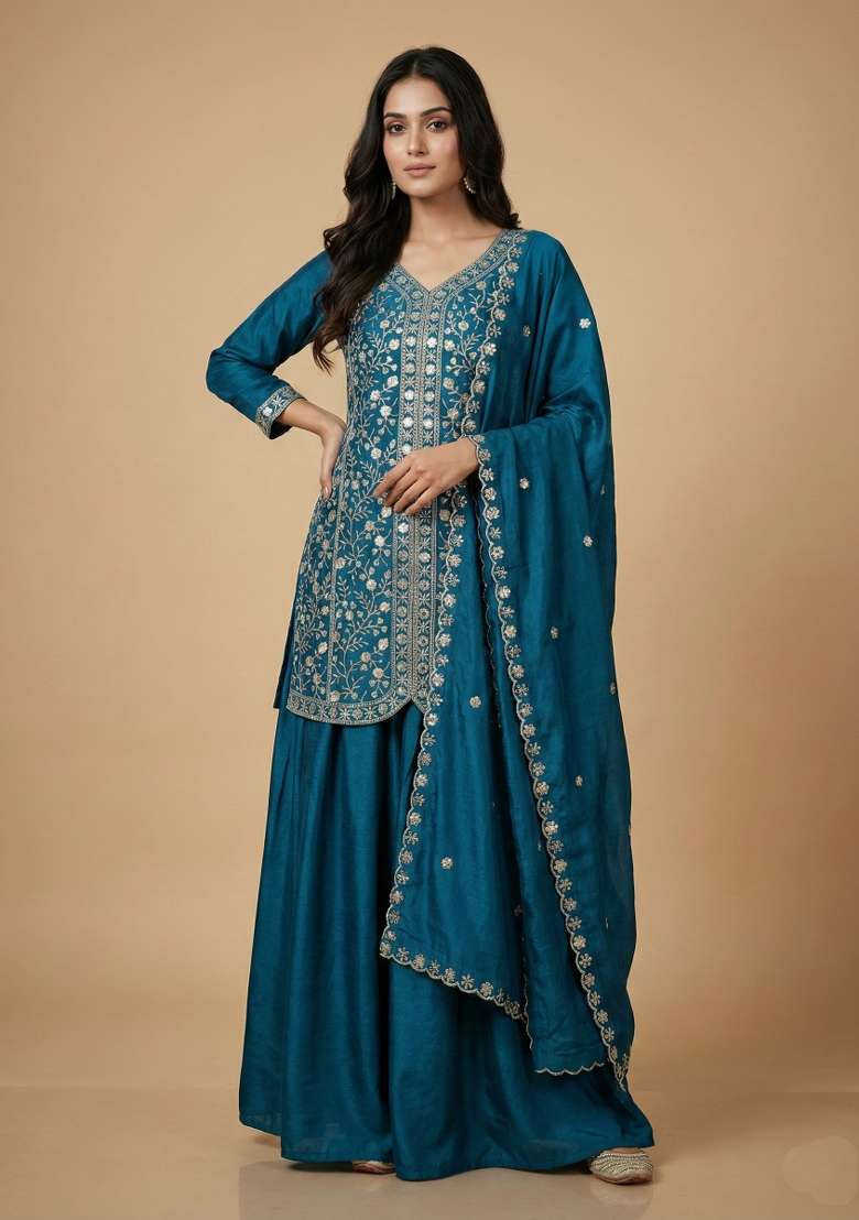 Teal Embroidered Chinon Sharara Set - Indya