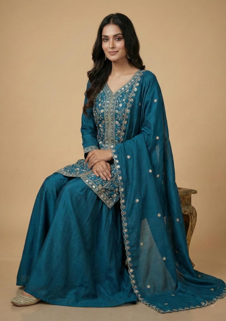 Teal Embroidered Chinon Kurta Set - Indya