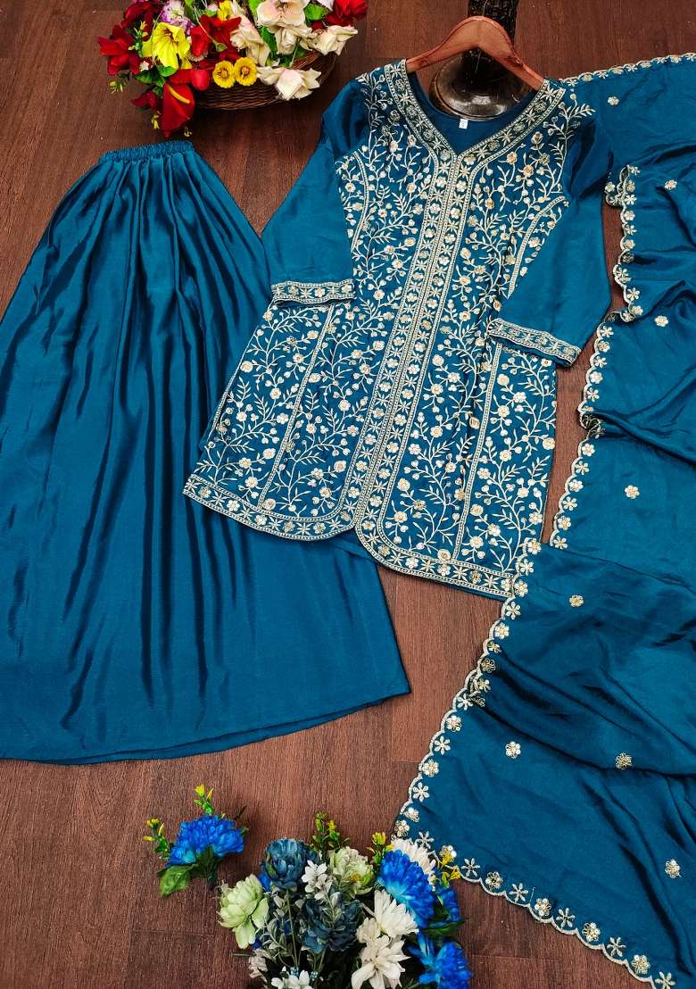 Teal Embroidered Chinon Sharara Set - Indya