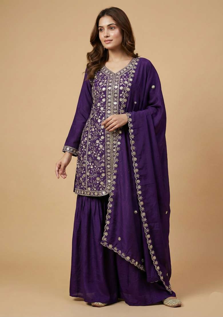 Purple Embroidered Chinon Sharara Set - Indya