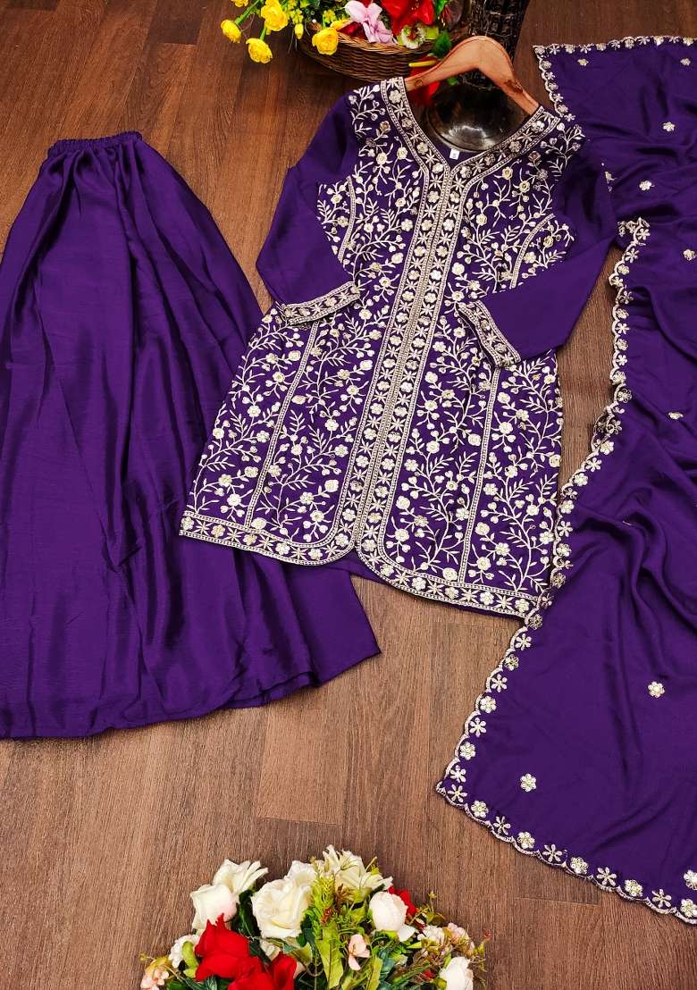 Purple Embroidered Chinon Sharara Set - Indya