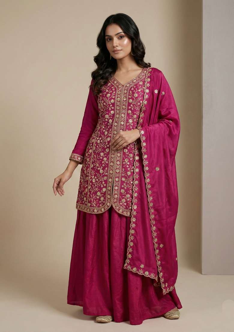 Pink Embroidered Chinon Sharara Set - Indya