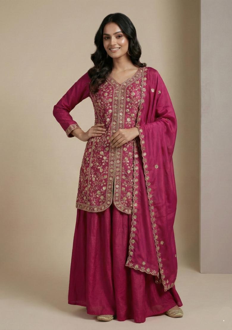 Pink Embroidered Chinon Kurta Set - Indya