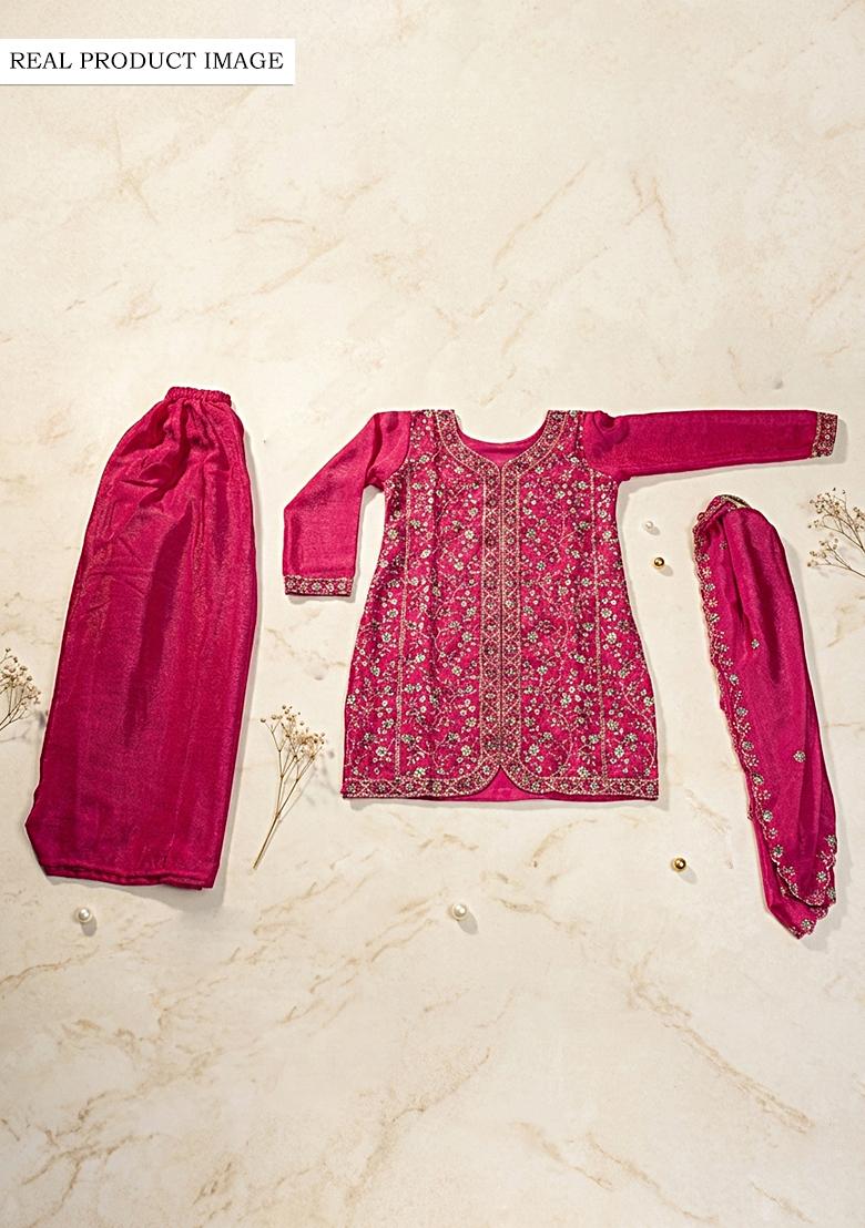 Pink Embroidered Chinon Kurta Set - Indya