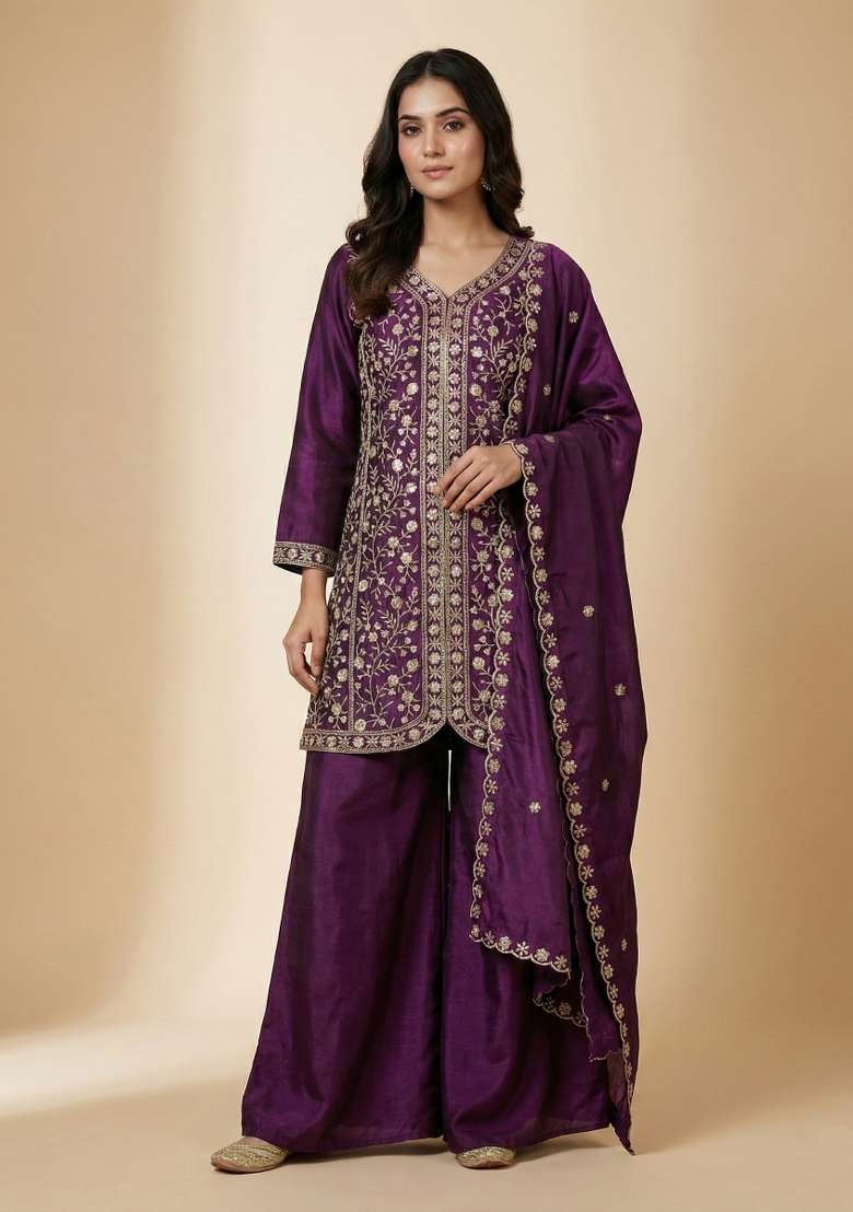 Purple Embroidered Chinon Sharara Set - Indya