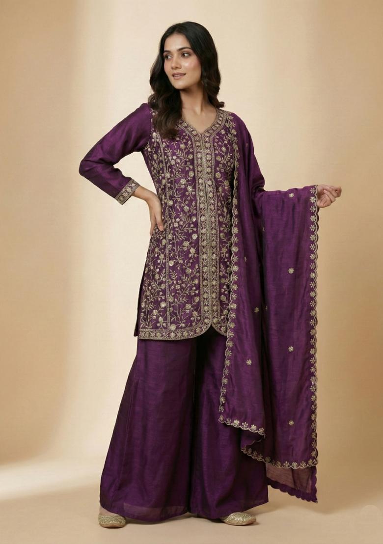 Purple Embroidered Chinon Kurta Set - Indya