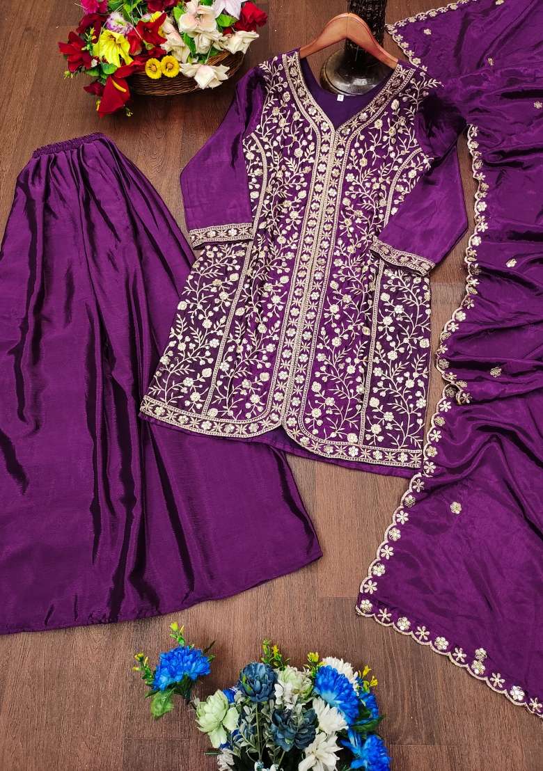 Purple Embroidered Chinon Sharara Set - Indya