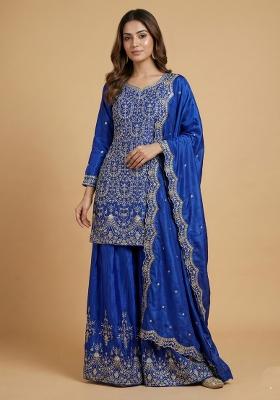 Blue Embroidered Chinon Kurta Set