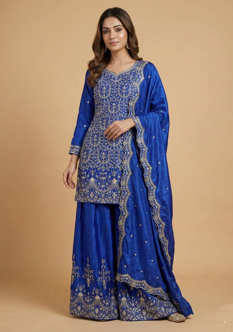 Blue Embroidered Chinon Sharara Set - Indya