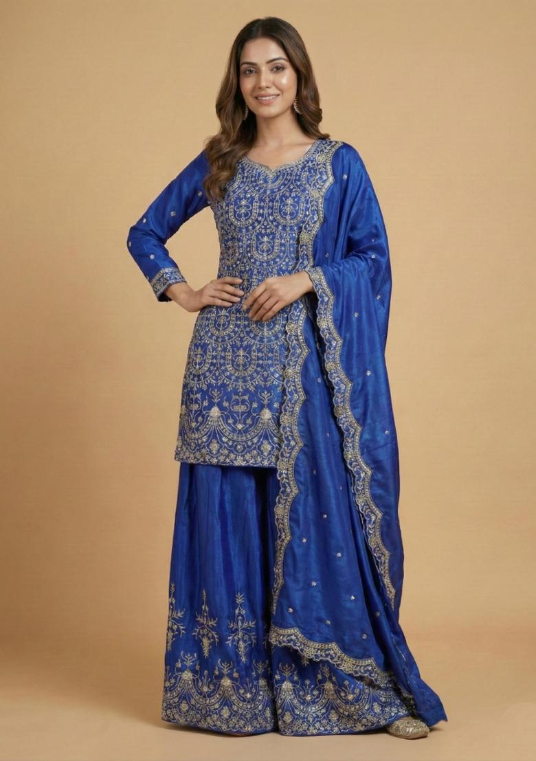 Blue Embroidered Chinon Kurta Set - Indya