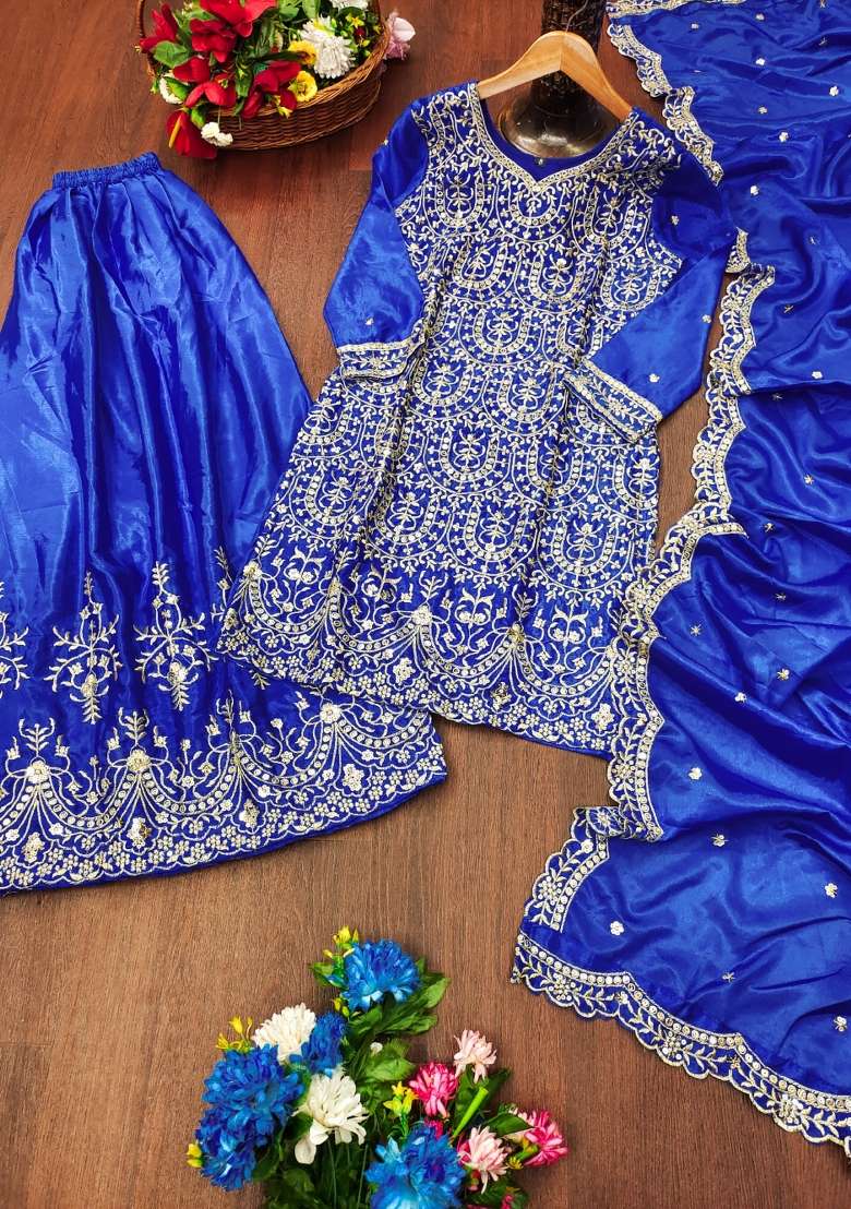 Blue Embroidered Chinon Sharara Set - Indya