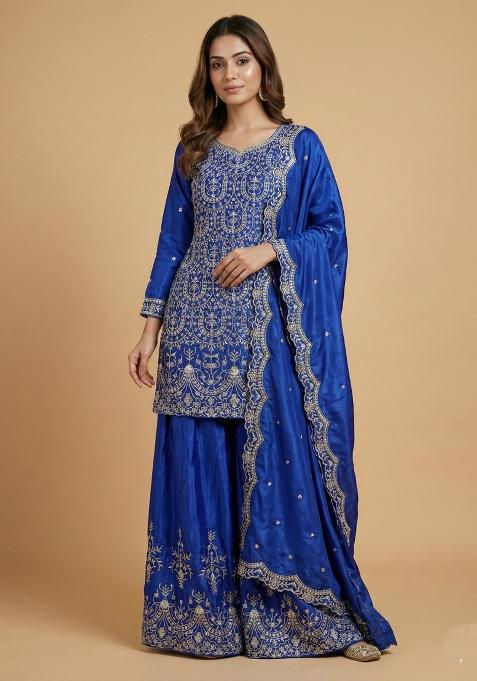 Blue Embroidered Chinon Kurta Set
