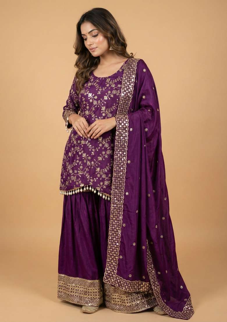 Purple Embroidered Chinon Sharara Set - Indya