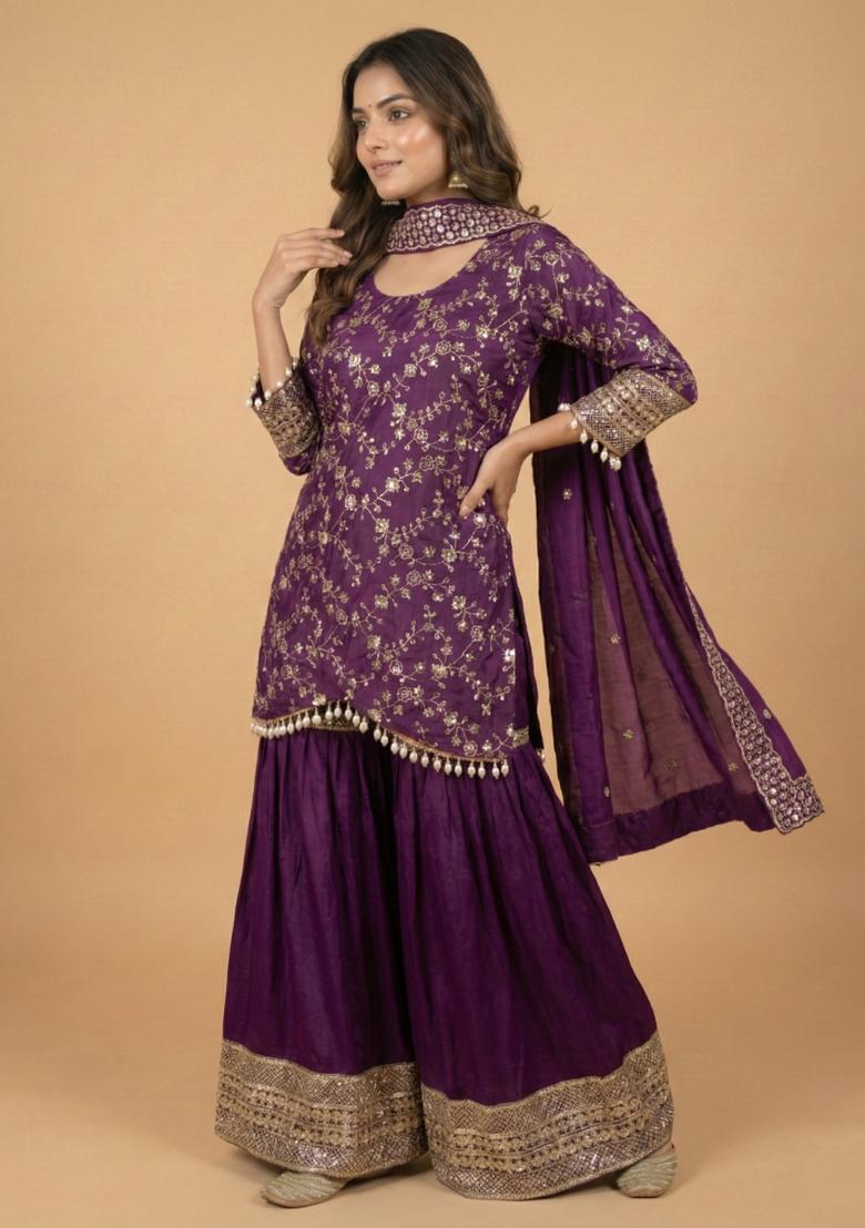 Purple Embroidered Chinon Kurta Set - Indya