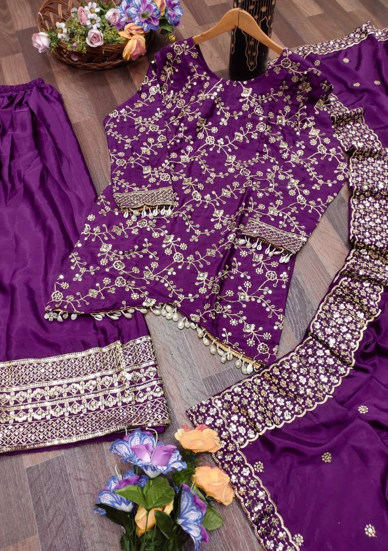 Purple Embroidered Chinon Sharara Set - Indya