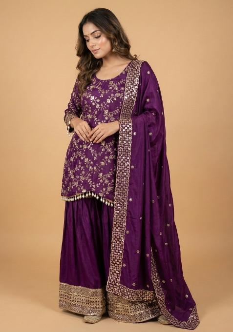 Purple Embroidered Chinon Kurta Set
