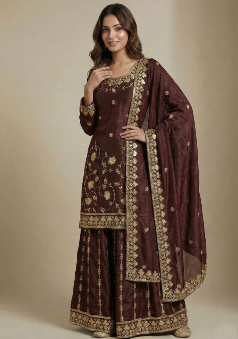 Brown Embroidered Chinon Kurta Set - Indya