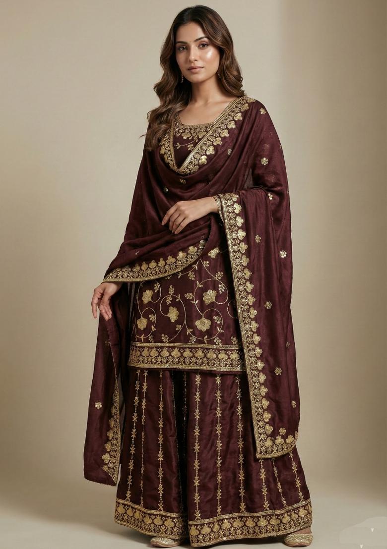Brown Embroidered Chinon Kurta Set - Indya