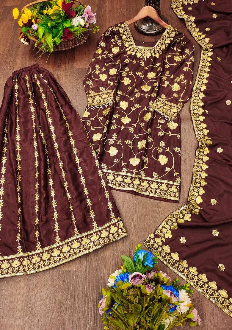 Brown Embroidered Chinon Kurta Set - Indya