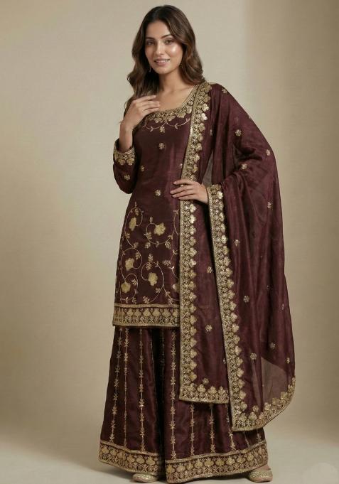 Brown Embroidered Chinon Kurta Set