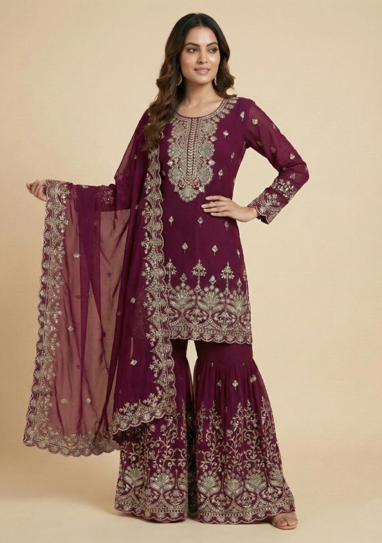 Pink Embroidered Georgette Kurta Set - Indya