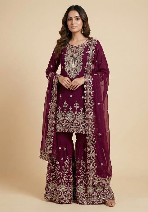 Pink Embroidered Georgette Kurta Set