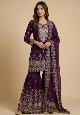 Wine Embroidered Georgette Kurta Set