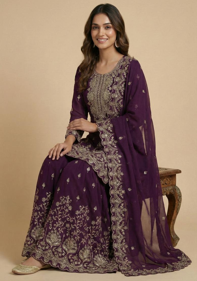 Wine Embroidered Georgette Kurta Set - Indya