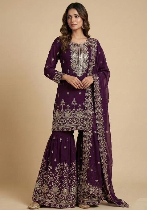 Wine Embroidered Georgette Kurta Set