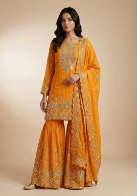 Mustard Embroidered Georgette Kurta Set