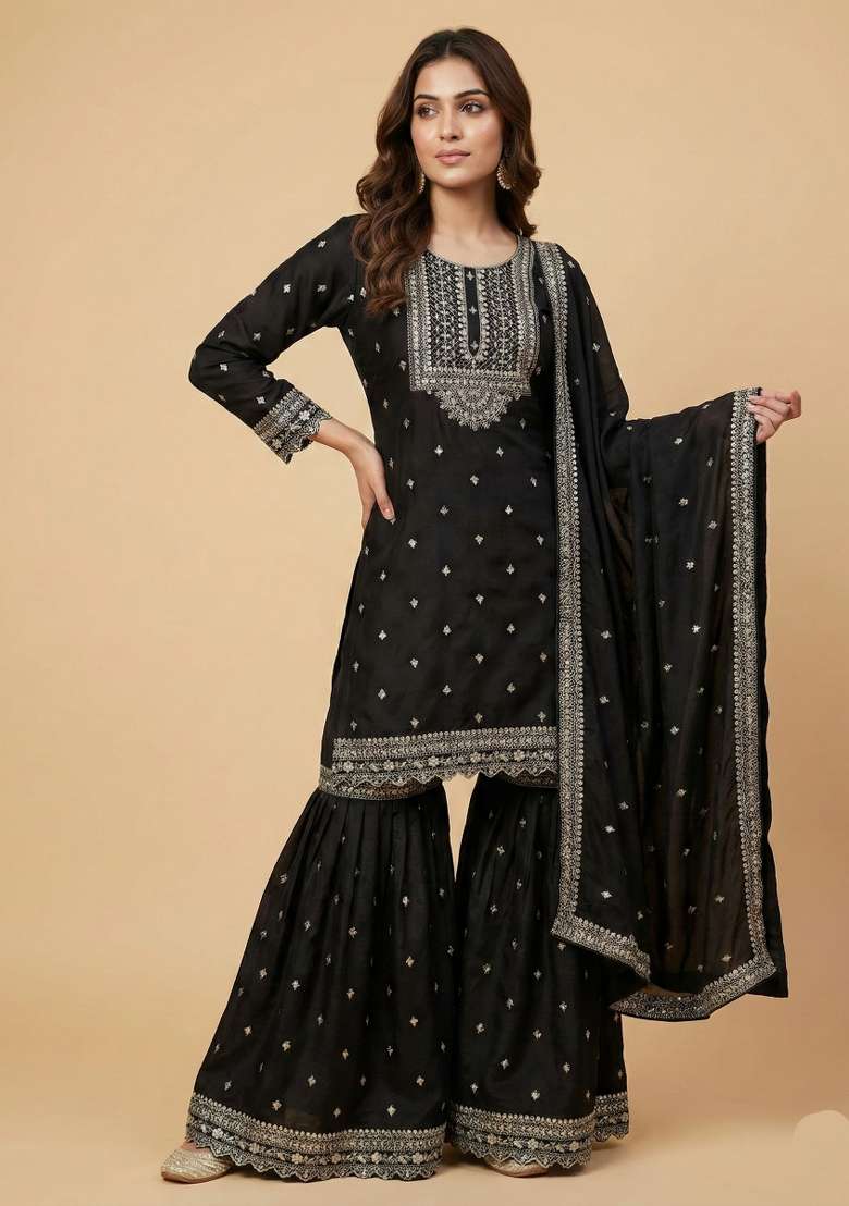 Black Embroidered Chinon Sharara Set - Indya