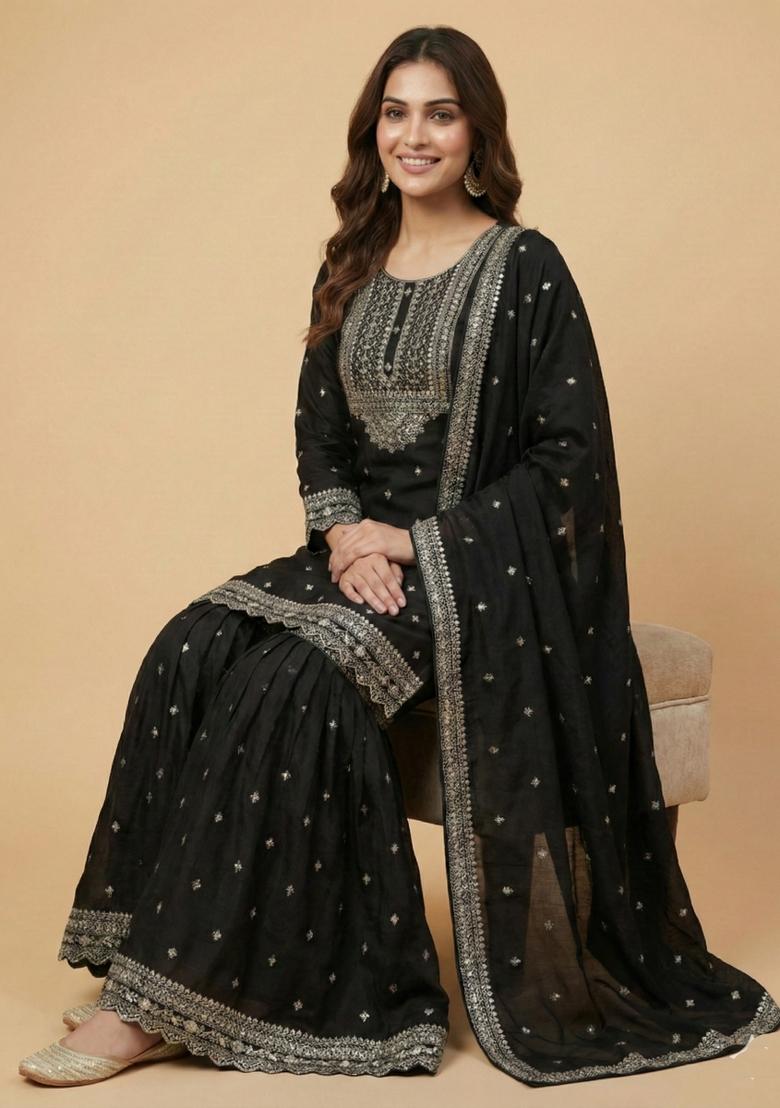 Black Embroidered Chinon Kurta Set - Indya