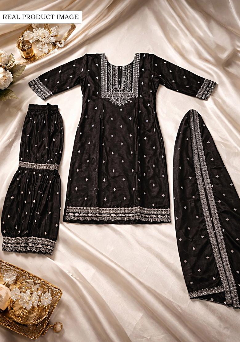 Black Embroidered Chinon Kurta Set - Indya